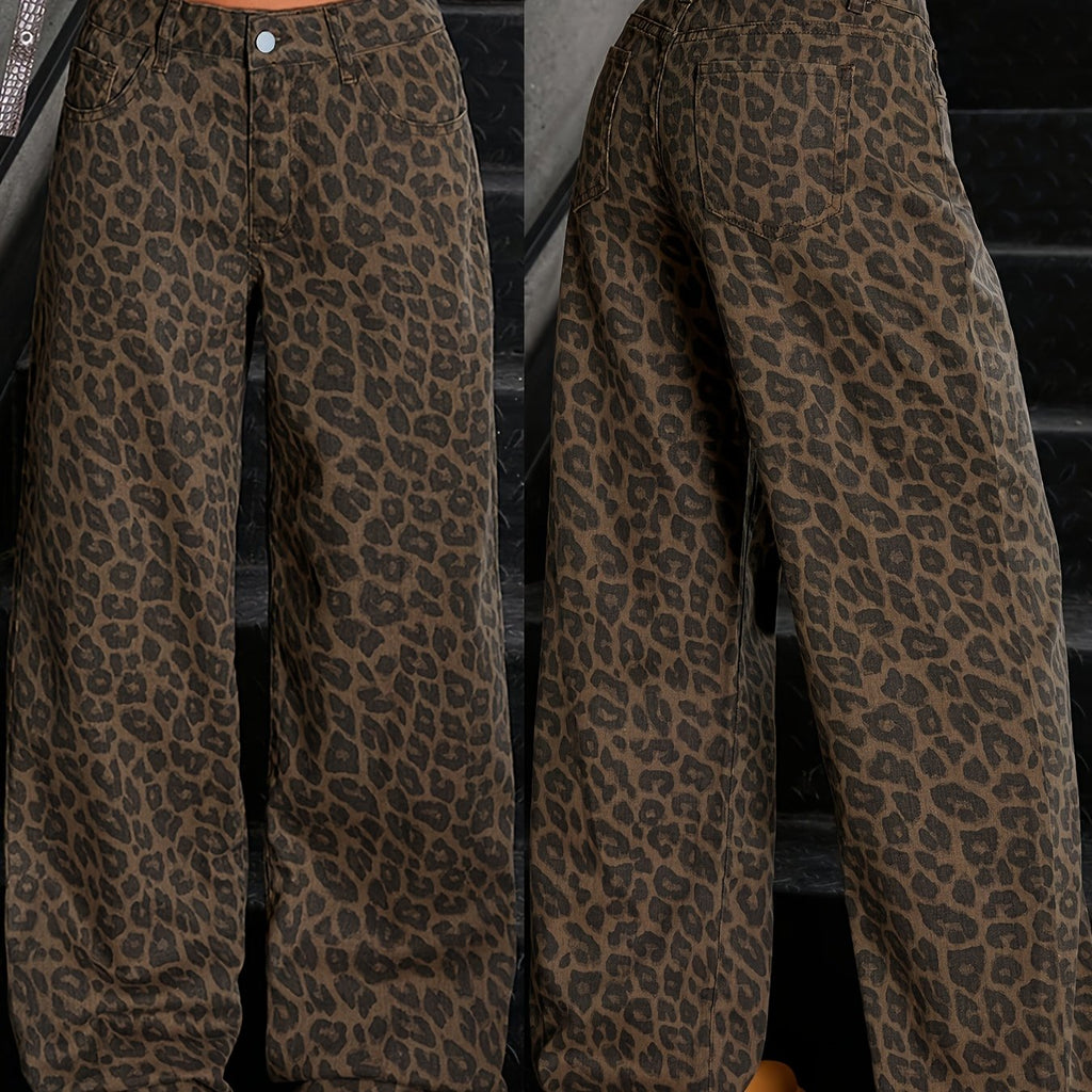 Dames Wide-Leg Denim Broek met Luipaardprint