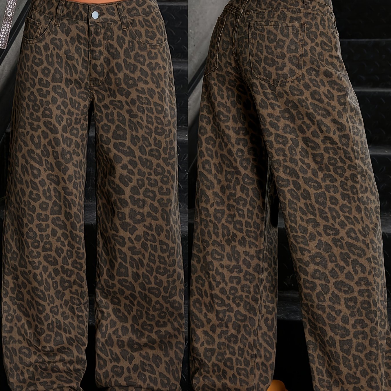 Dames Wide-Leg Denim Broek met Luipaardprint