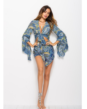 Spring and summer Amazon AliExpress new women's European and American leisure holiday wind print jumpsuit shorts