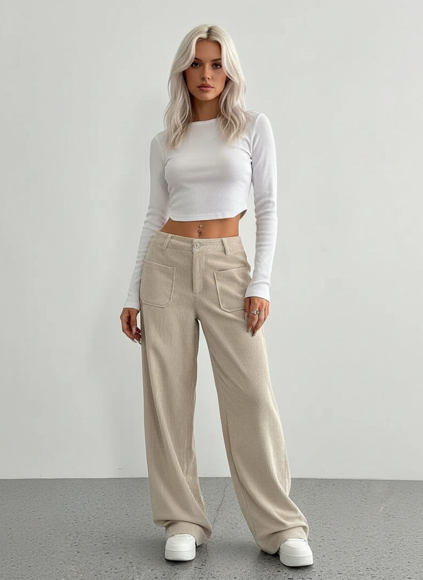 Kecia Corduroy Dames Broek - Casual Wijde Pijp