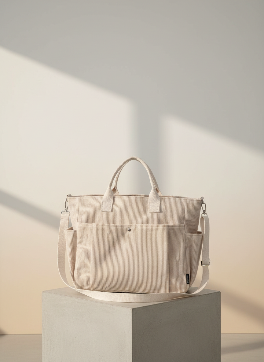 Corduroy Tote Bag met Ribstof en Buitenzakken
