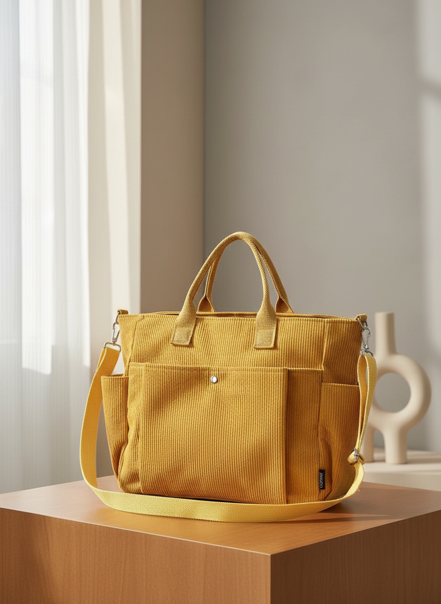 Corduroy Tote Bag met Ribstof en Buitenzakken