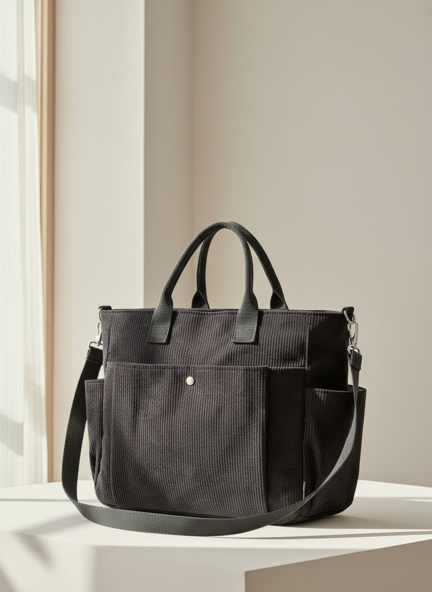 Corduroy Tote Bag met Ribstof en Buitenzakken