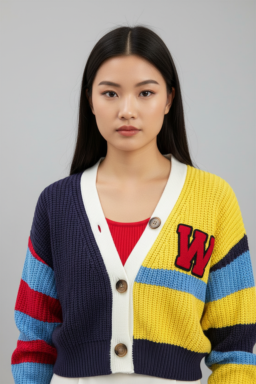 Mallie Gebreid Cardigan - Preppy Color-blocked met 'W' Patch