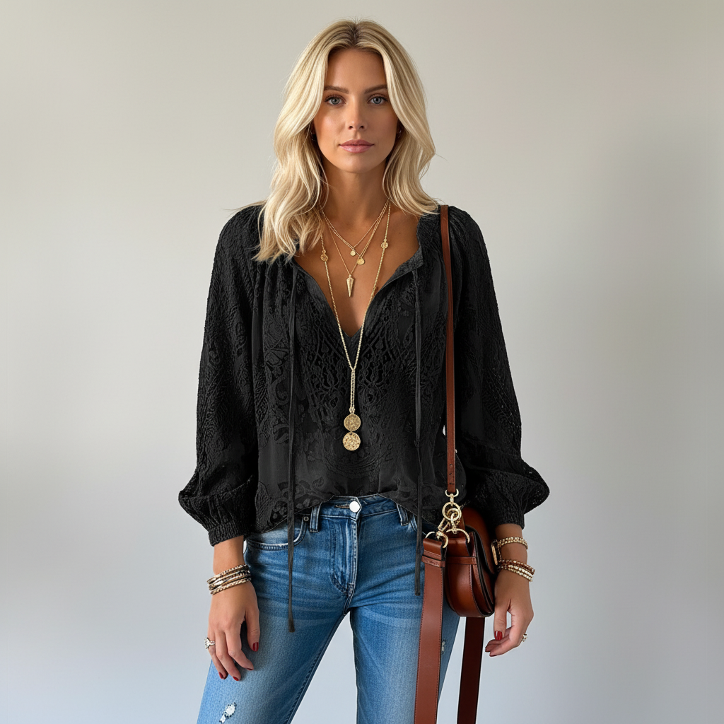 Bohemian Stijl Top met Trekkoord V-hals en Kantdetails