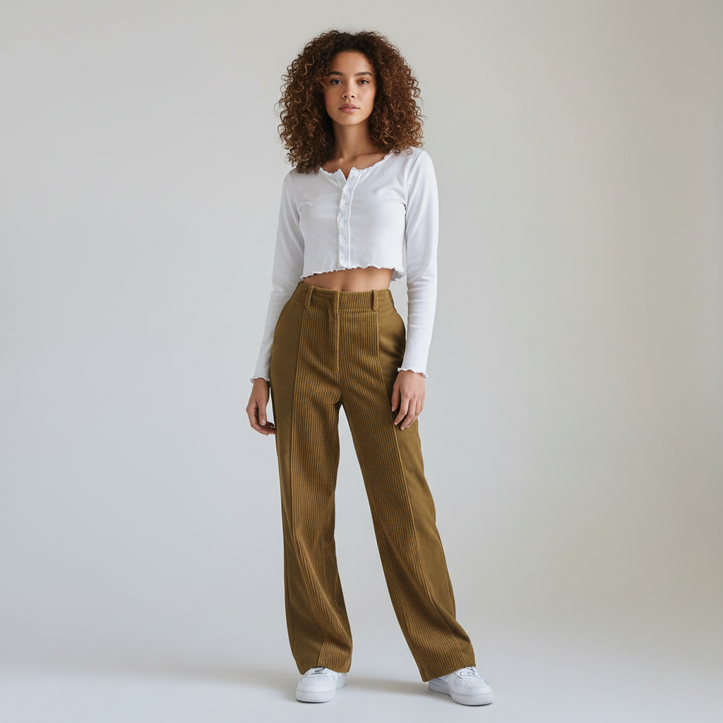 Elsie Corduroy Broek - Retro Hoge Taille Wijde Pijp Broek