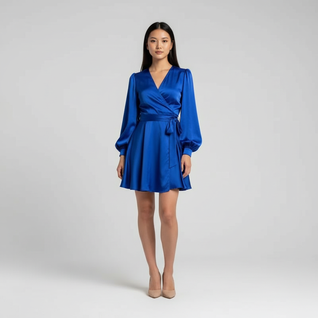 Satijnen Wikkeljurk Dames - Elegante Strikceintuur & Ballonmouwen