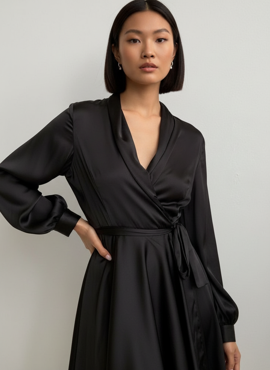 Satijnen Wikkeljurk Dames - Elegante Strikceintuur & Ballonmouwen