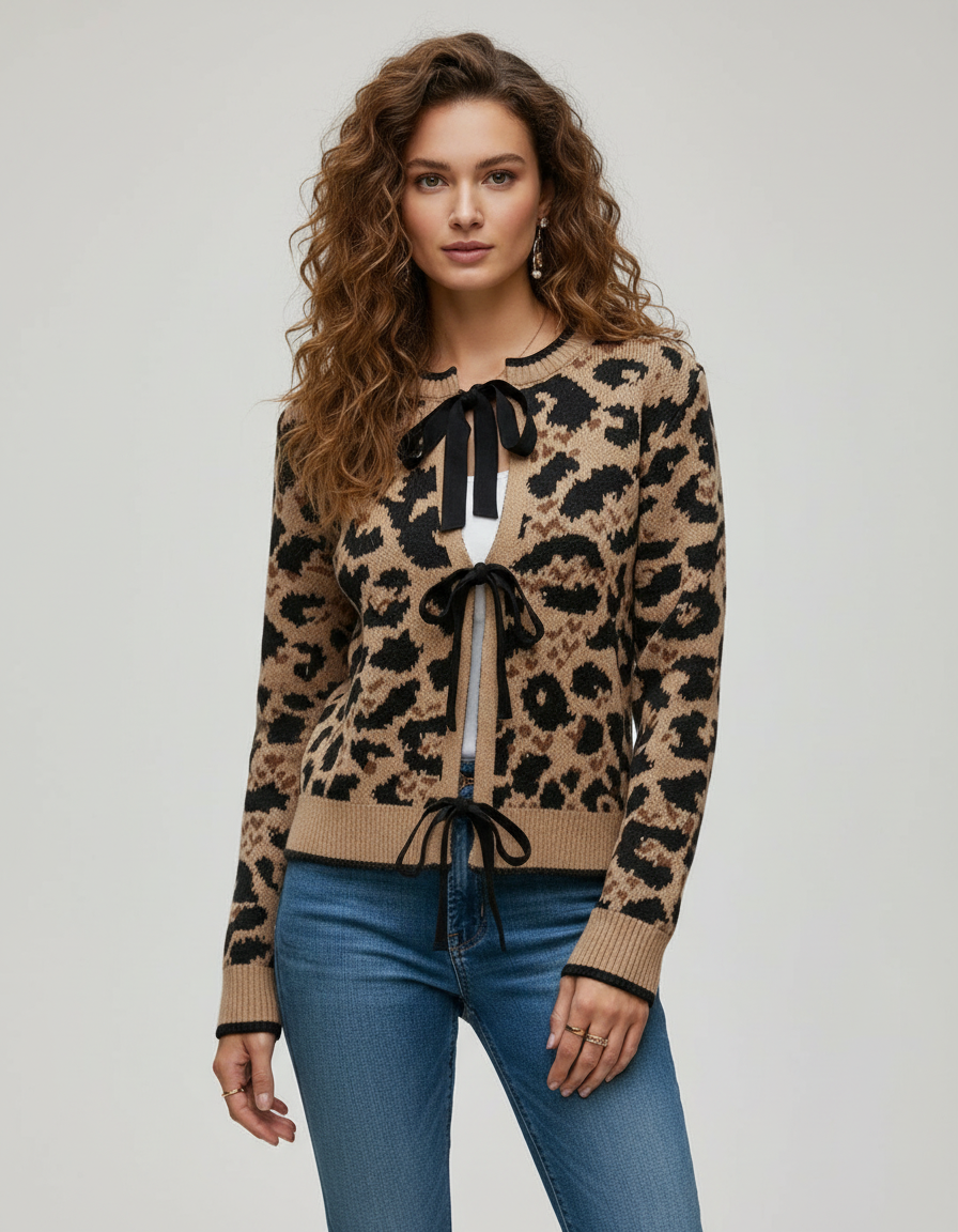 Rania Gebreid Dames Vest - Luipaardprint met Strikdetail