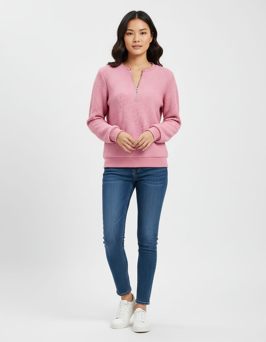 Sweatshirt met Getextureerd Ruitpatroon en kwartrits
