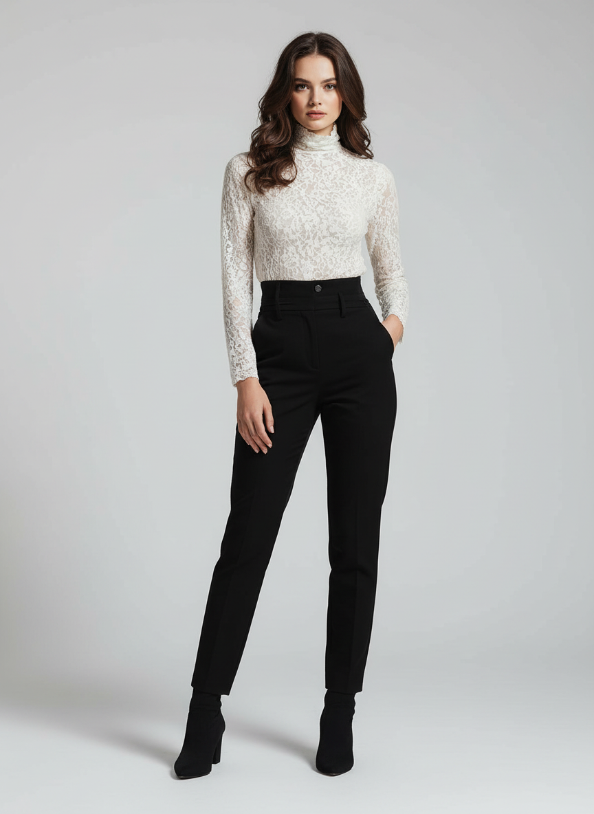 Laken Kanten Top voor Dames - Elegante Hoge Hals Details