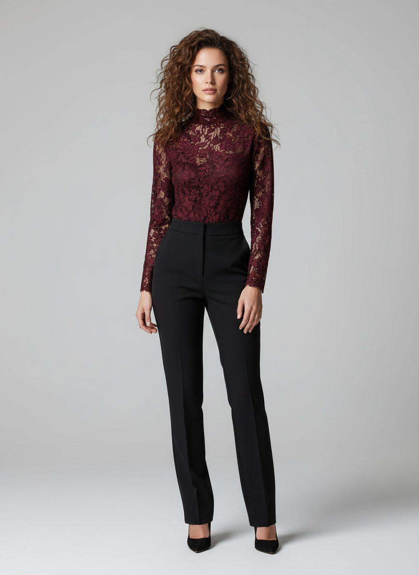 Laken Kanten Top voor Dames - Elegante Hoge Hals Details