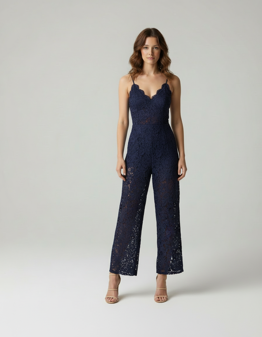 Luna Chic - Dames Elegante Kanten Jumpsuit met Wijde Pijpen