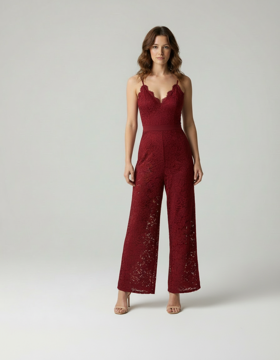 Luna Chic - Dames Elegante Kanten Jumpsuit met Wijde Pijpen