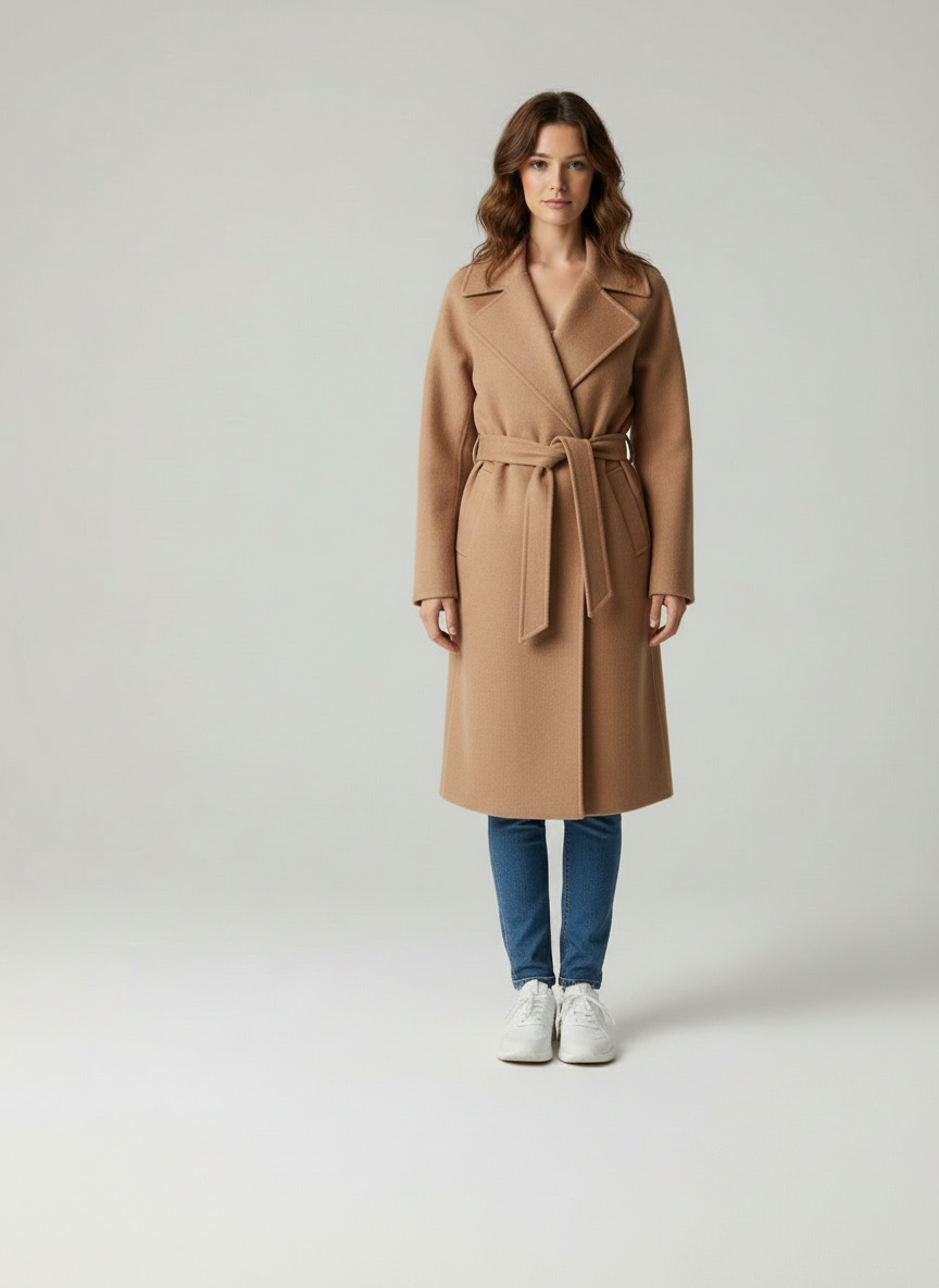 Chique Lange Jas - Elegante Vrouwen Wolblend Met Strikceintuur