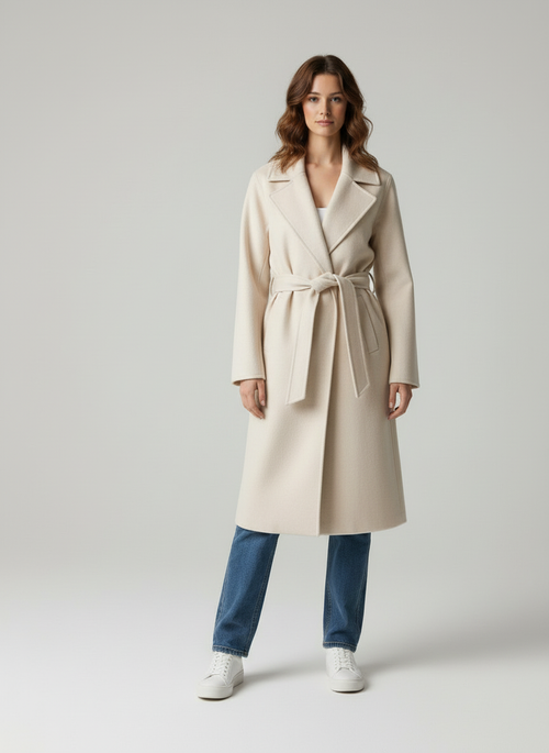 Chique Lange Jas - Elegante Vrouwen Wolblend Met Strikceintuur