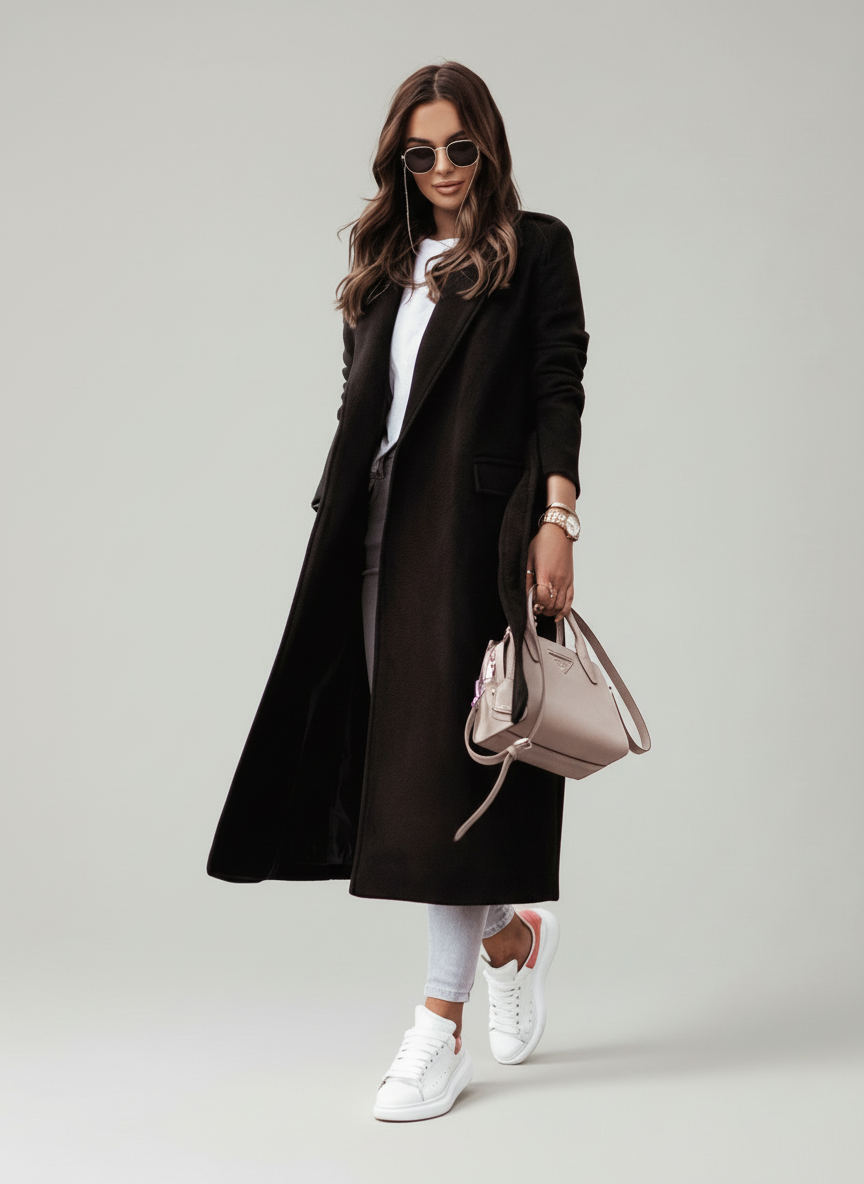 Chique Lange Jas - Elegante Vrouwen Wolblend Met Strikceintuur