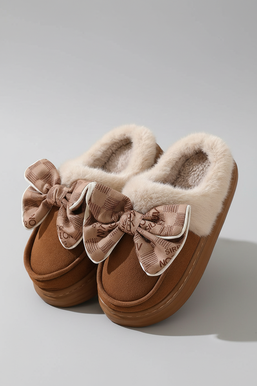 Pluche Faux Fur Slippers met Strikaccent