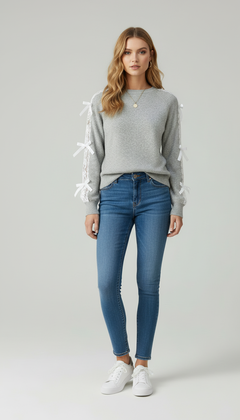 Sweatshirt met Kanten en Strikjes op Mouwen