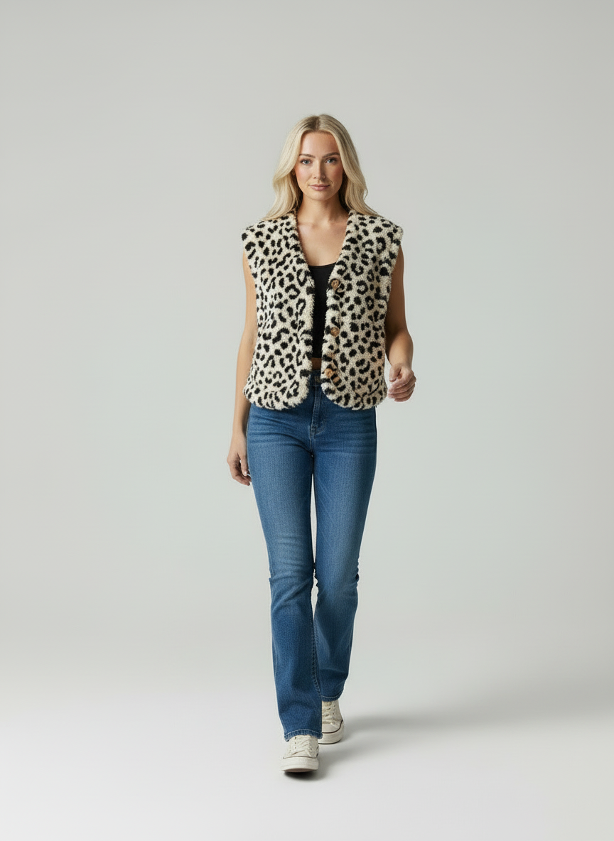 Minna Dames Vest - Casual Luipaardprint Pluizige Fleece
