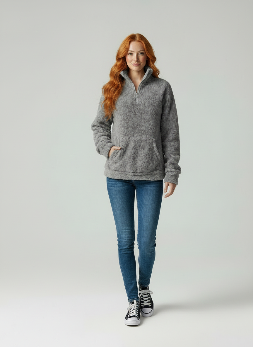 Chassity Fleece Pullover voor Dames - Casual met Kwartrits en Kangoeroezak