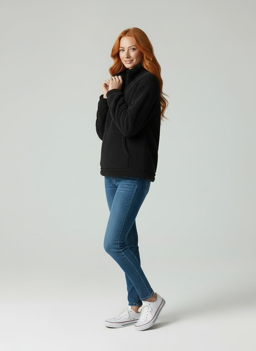 Chassity Fleece Pullover voor Dames - Casual met Kwartrits en Kangoeroezak