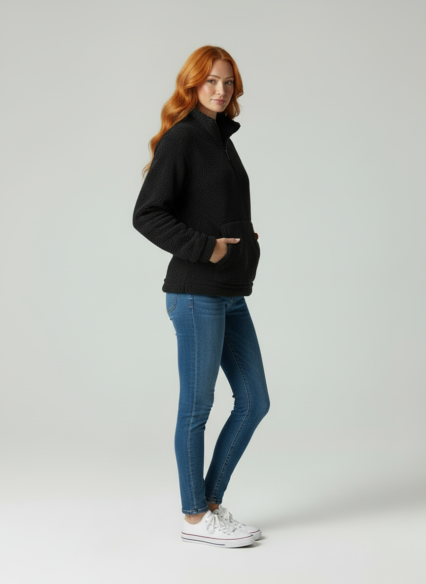 Chassity Fleece Pullover voor Dames - Casual met Kwartrits en Kangoeroezak