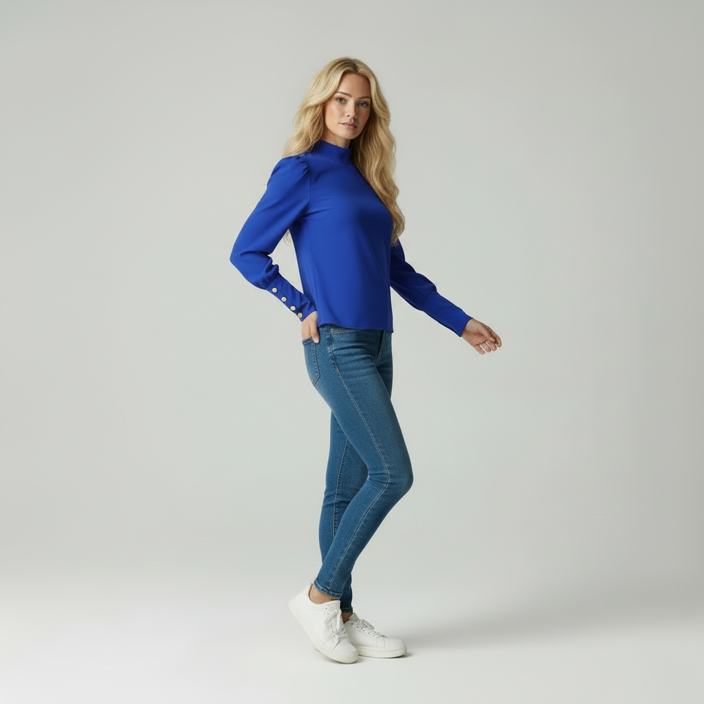 Turtleneck Top met Gouden Knopen en Puffmouwen