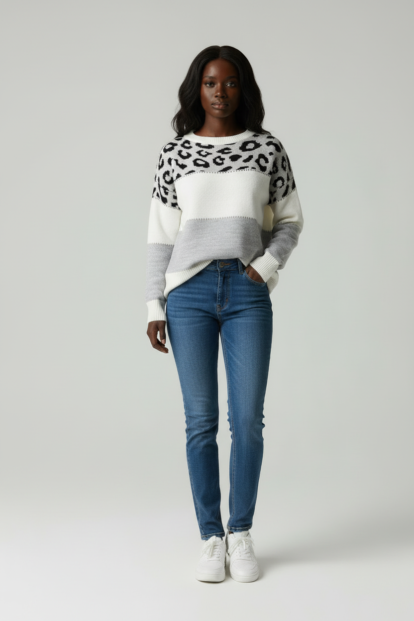 Gebreide Sweater met Panterprint Kleurblok Design