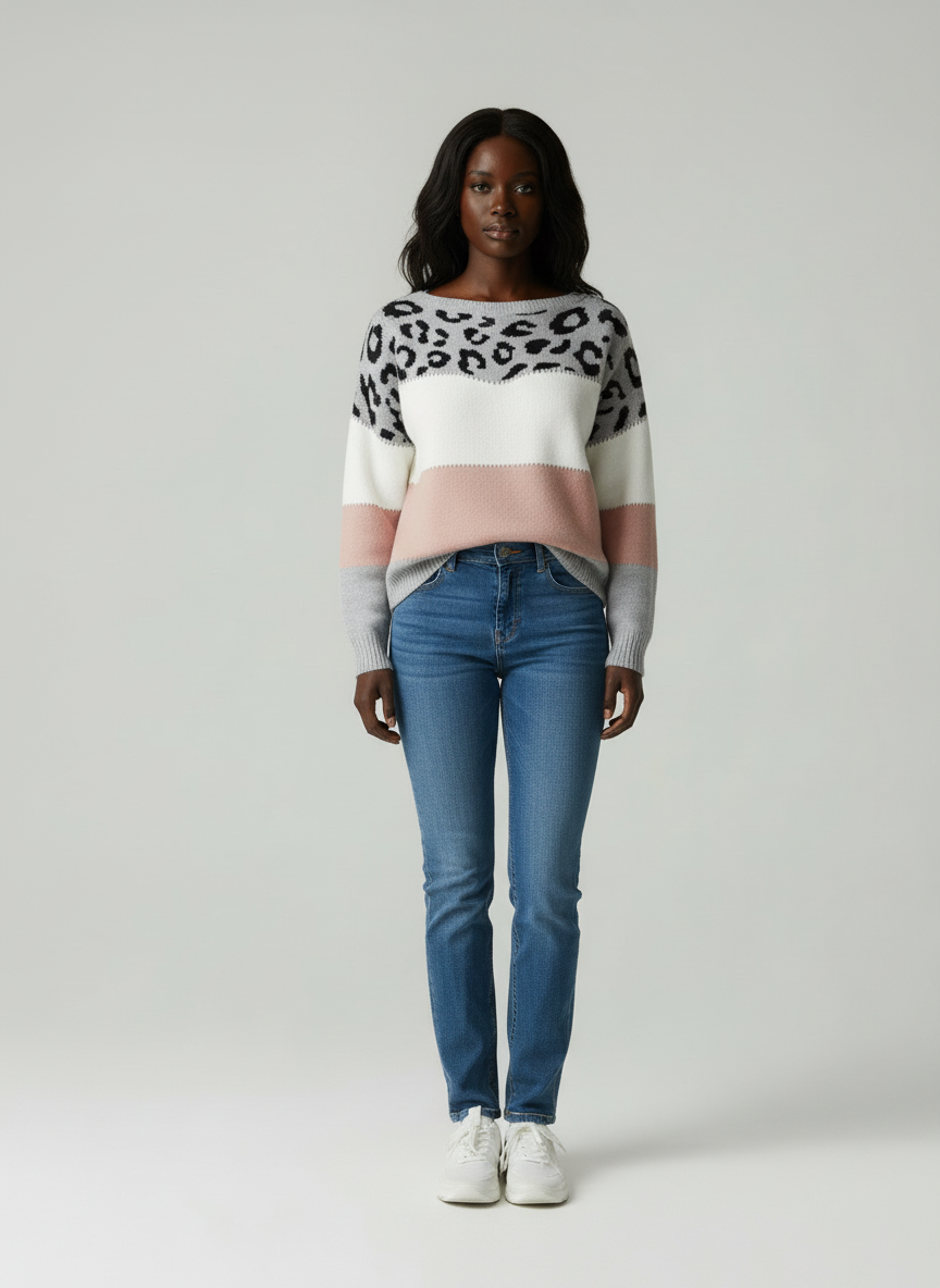 Gebreide Sweater met Panterprint Kleurblok Design