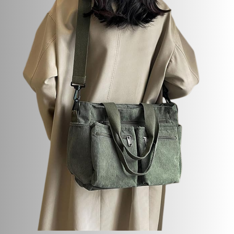 Corduroy Tote Bag met Meerdere Vakken