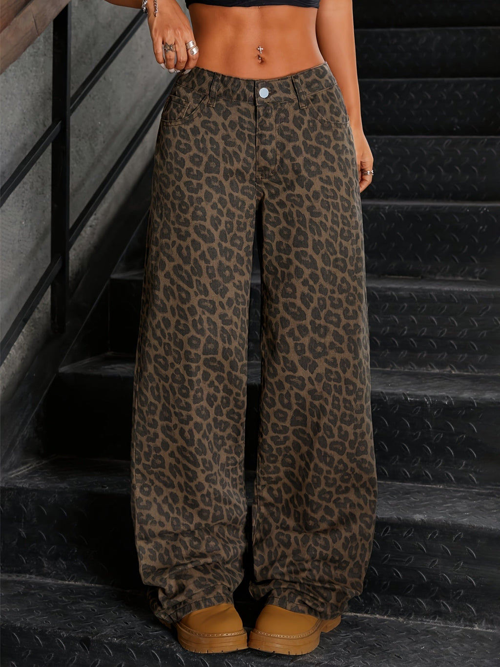 Dames Wide-Leg Denim Broek met Luipaardprint