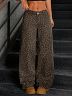 Dames Wide-Leg Denim Broek met Luipaardprint