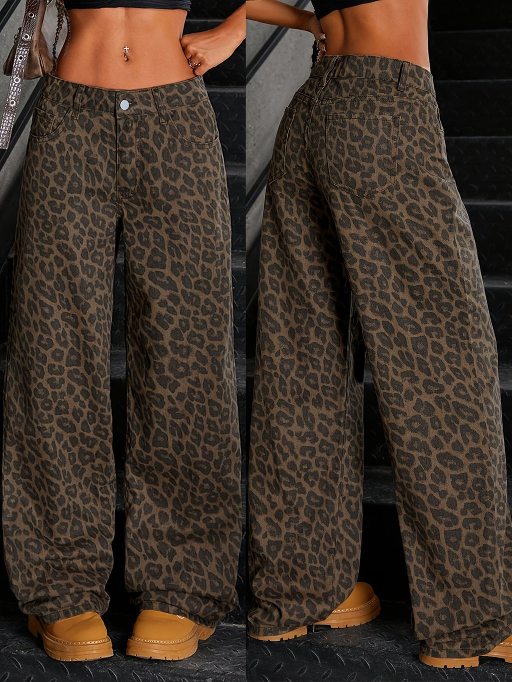 Dames Wide-Leg Denim Broek met Luipaardprint