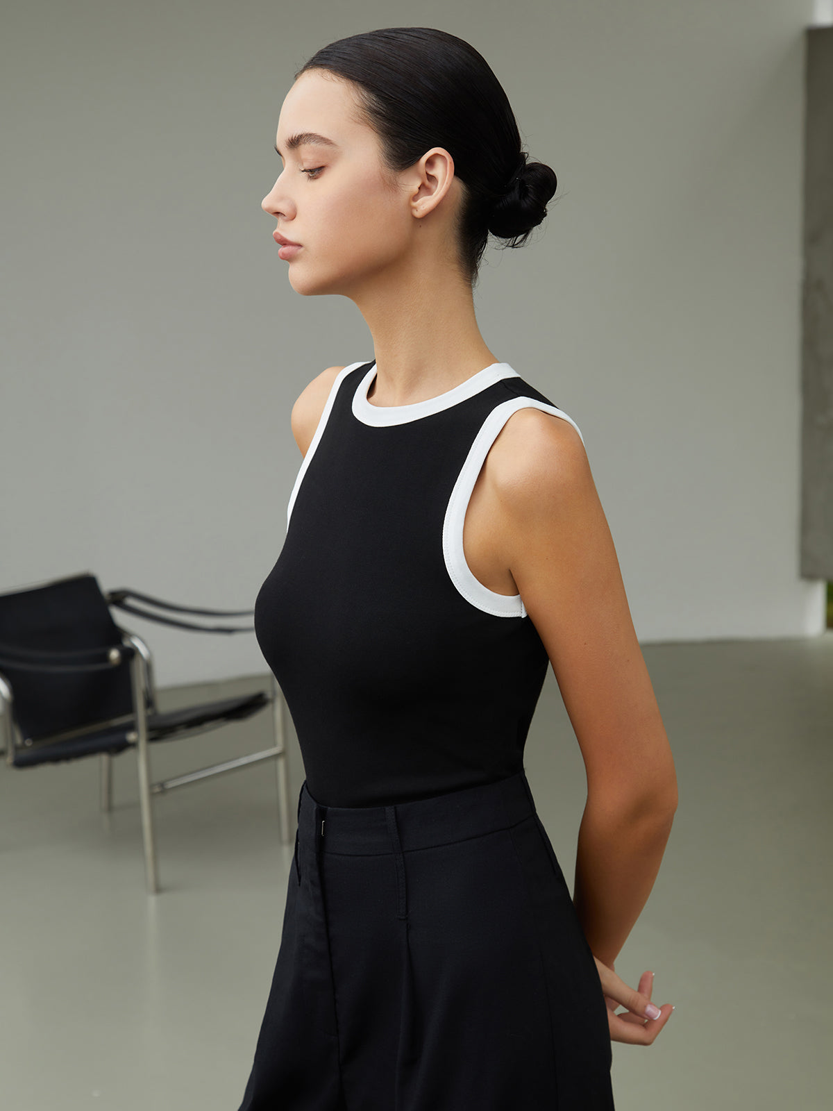 Ribgebreide Tanktop met Contrasterende Bies