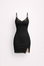 Geribde Knit Slip Dress met Kanten Afwerking