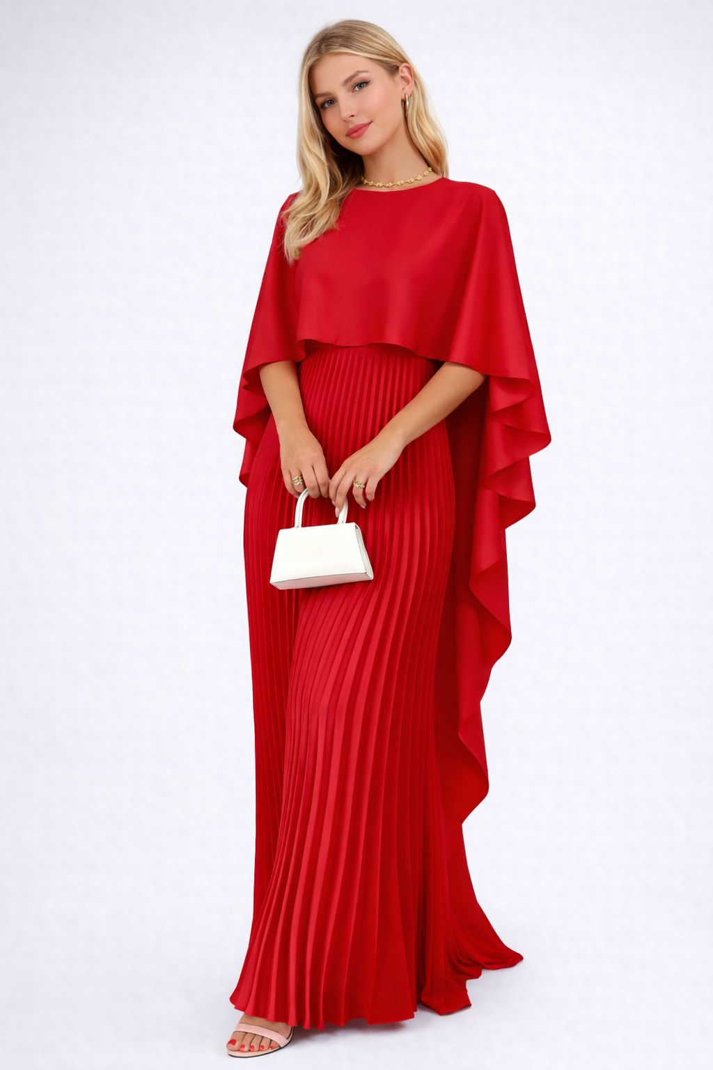 Jazlynn Elegante Maxi Jurk  - Cape Overlay & Plooirok