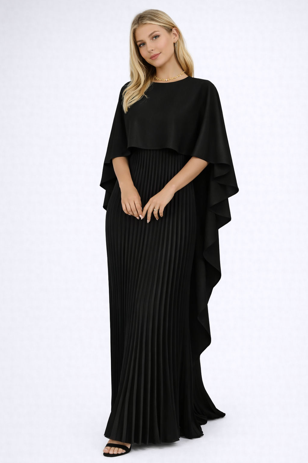 Jazlynn Elegante Maxi Jurk  - Cape Overlay & Plooirok