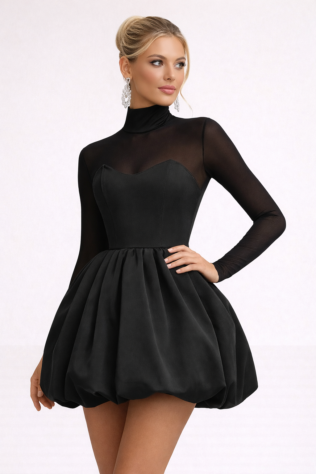 Mini Jurk met Sheer Mouwen en Bubble Rok