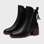 Leren Enkelboots met Houtlook Blokhak