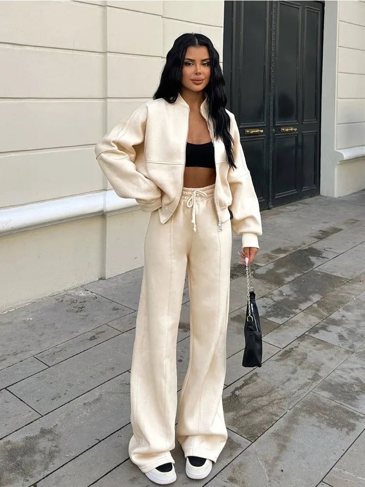Fleece Loungewear Set met Bomber & Wide-leg Broek