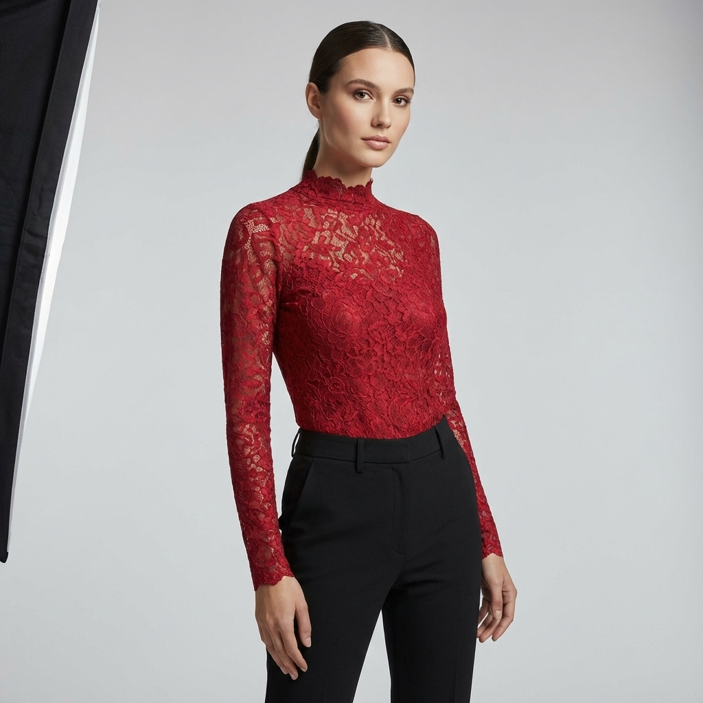 Laken Kanten Top voor Dames - Elegante Hoge Hals Details