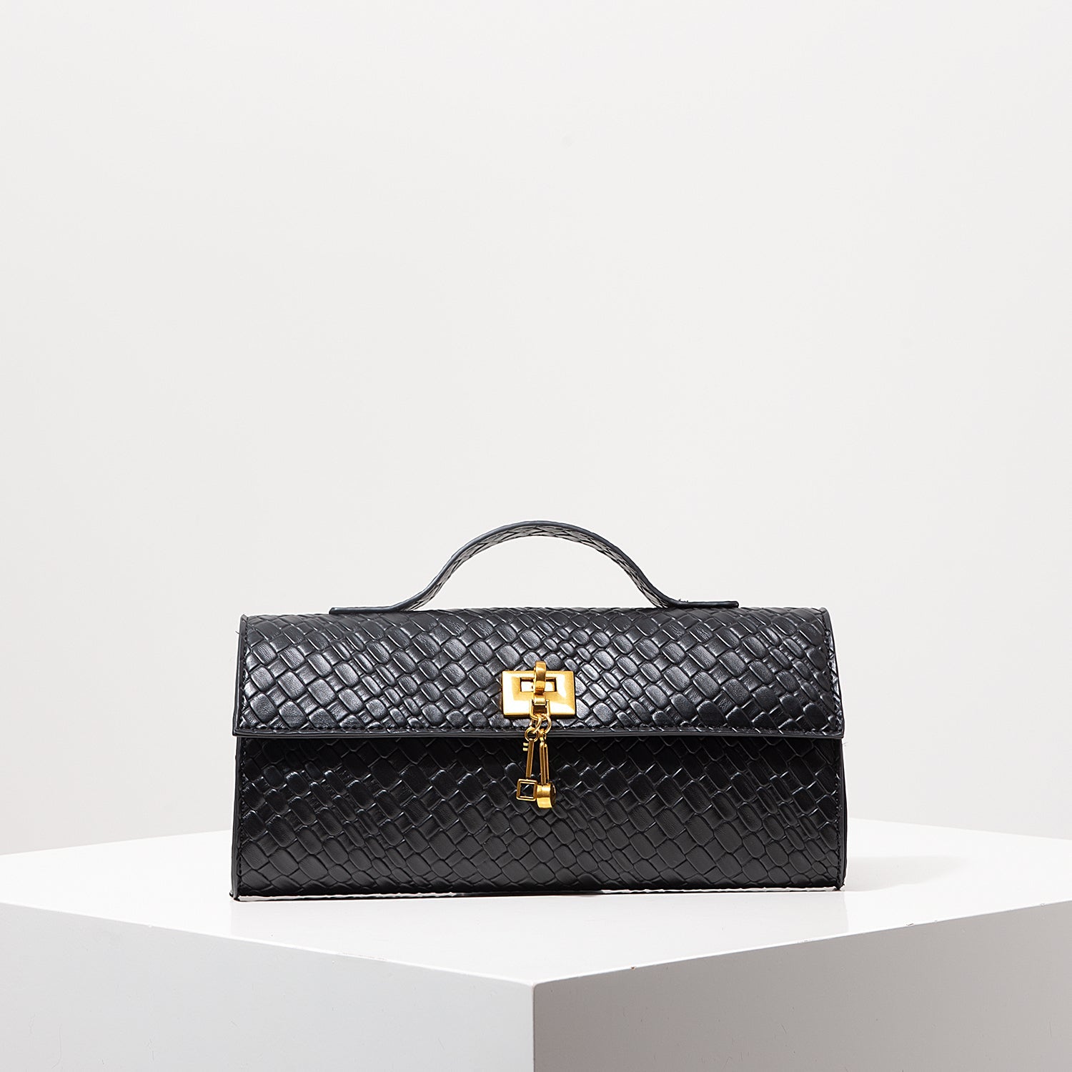 Lederen Handtas met Geweven Textuur & Gouden Sluiting